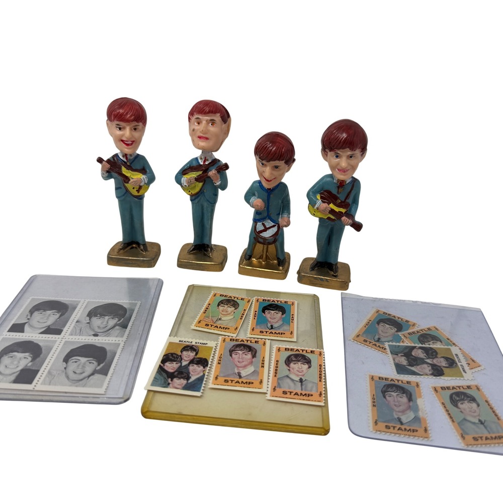Vintage 1964 Beatles Cake Toppers Figures & Stamp Lot John Paul George Ringo